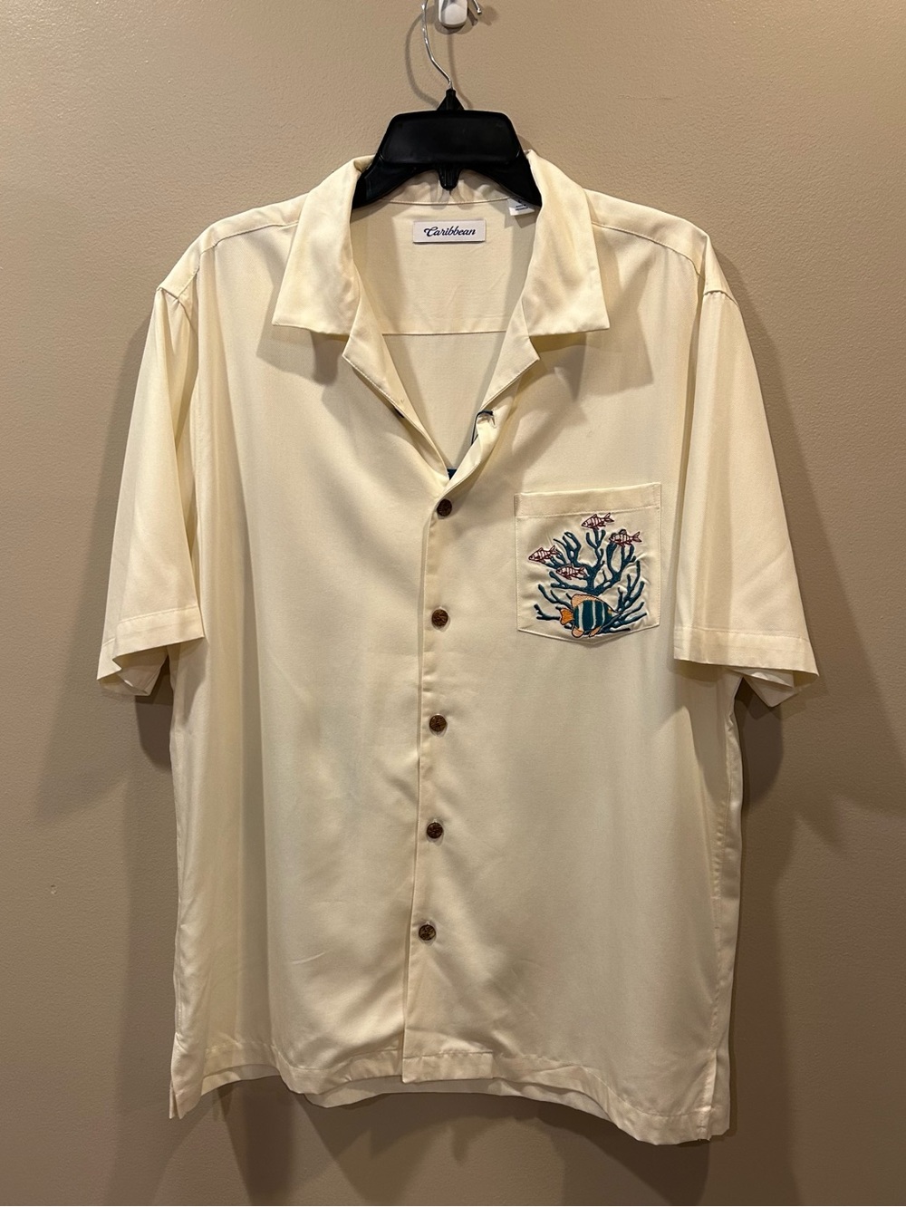 Caribbean Coral Reef Turtle Print Embroidery Short Sleeve Woven Camp Shirt